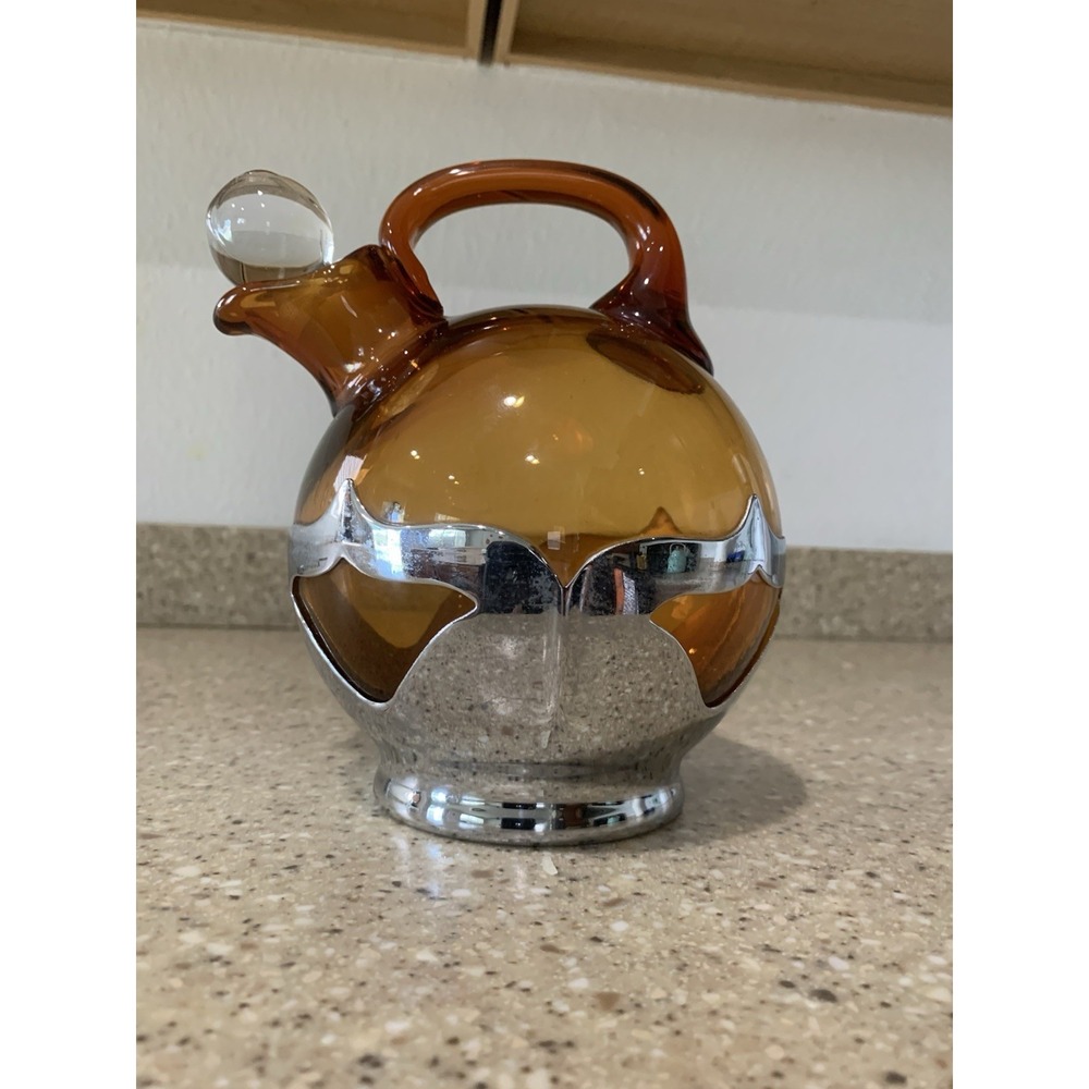 Farber Bros Krome Kraft Amber Glass Art Deco Decanter Tilt Ball Pitcher Stopper